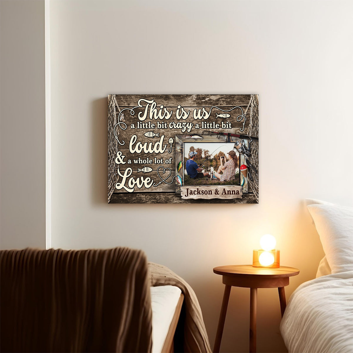 Personalized Name Fishing Canvas Artwork, A Little Bit Loud & A Whole Lot Of Love Phrase, Country Cabin Theme Decor, Personalized Canvas Wall Art, Gifts For Him Her  Poster Prints