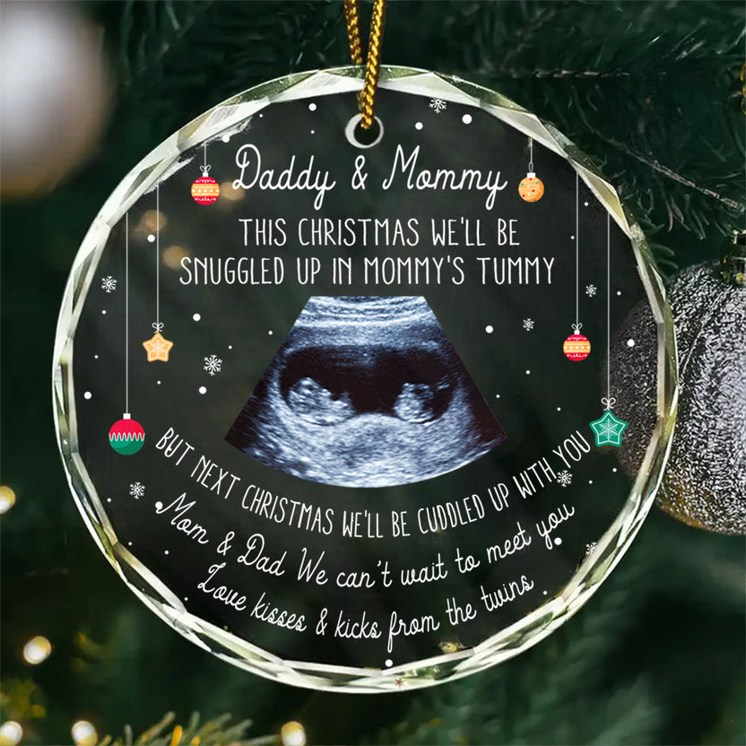 Twins Ultrasound Glass Ornament, Snuggled In Mommy’s Tummy, Custom Sonogram Gift, Expecting Parents Reveal,  Pregnancy Reveal For Mom & Dad