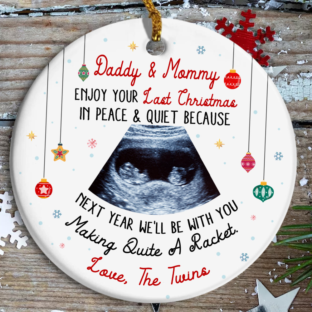 Daddy & Mommy Twins Ultrasound Ornament, Last Peaceful Christmas, Pregnancy Reveal Xmas Gift, Custom Sonogram Expecting Parents Keepsake