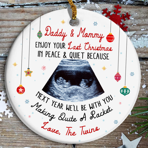 Daddy & Mommy Twins Ultrasound Ornament, Last Peaceful Christmas, Pregnancy Reveal Xmas Gift, Custom Sonogram Expecting Parents Keepsake