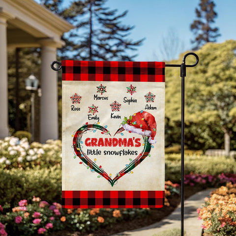 Custom Grandmas Little Snowflakes Flag, Christmas Plaid Heart Santa Hat Names Yard Sign, Holiday Season Lawn Decor, Custom Grandchildren Name Banner,  Gifts For Nana From Grandkids