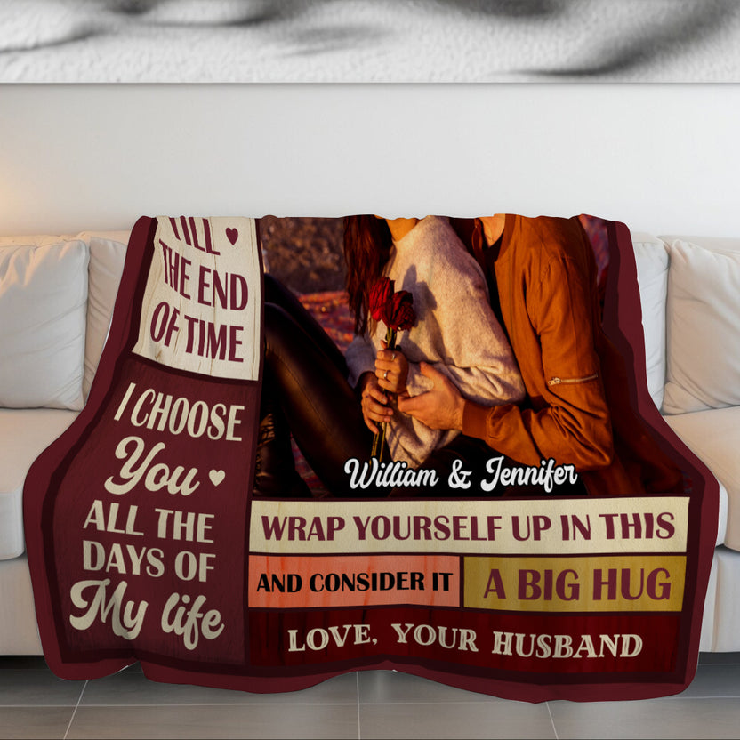 Romantic Wife Love Gifts, Vintage Burgundy Cozy Photo Blanket,To My Wife Blanket, I Want To Grow Old With You From Husband Anniversary