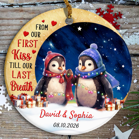 From Our First Kisses Till Our Last Breathes Penguin Couple Crescents Moon, Penguin Holiday Tree Decoration, Penguins Couple Keepsake, Xmas Ornament, Personalized Christmas Ornament