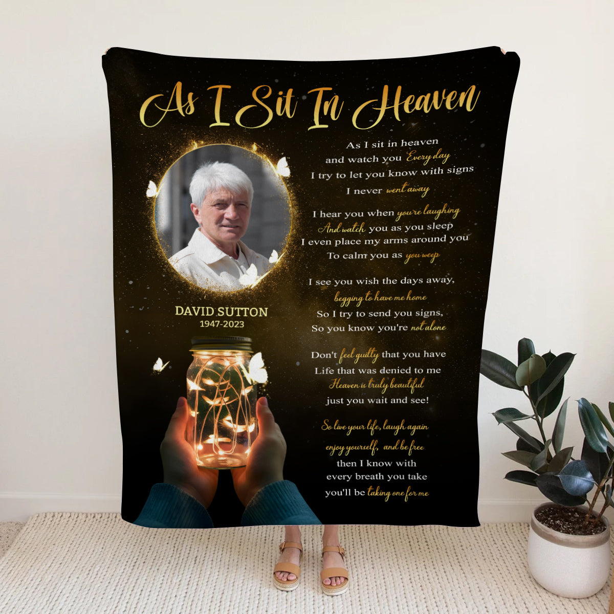 Sympathy Gifts, Personalized Memorial Blanket With Photo, Remembrance Blanket, Memorial Message From Above, Heaven Remembrance, Glowing Jar With Butterflies, Portrait Tribute Style