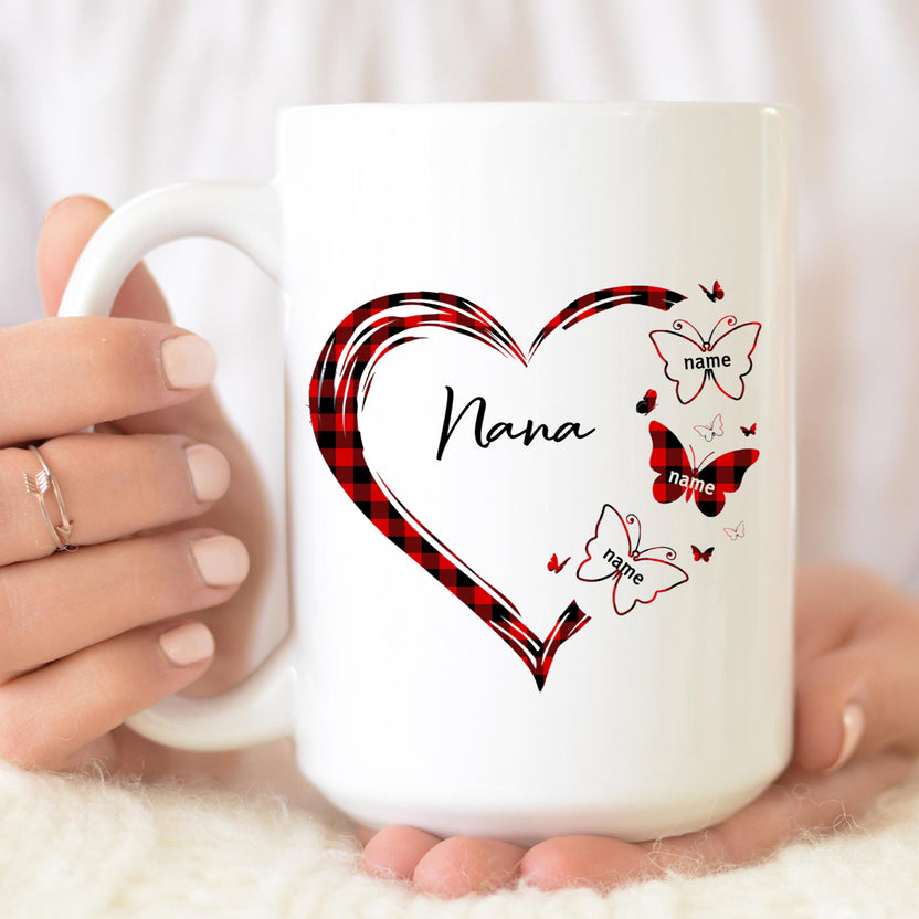 Personalized Coffee Mug For Grandma From Grandchild Nana Red Plaid Heart With Butterflies Custom Grandkids Name 11 15Oz Ceramic White Cup Gifts Ideas For Grandparents For Mothers Day