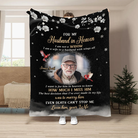Sympathy Gifts, Memorial Blanket With Photo, For My Husband In Heaven I Am Not A Widow I Am A Wife To  Husband With Wing, Loss Of Loved Ones Blanket, Funeral Gifts For Anniversary