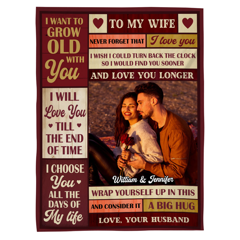 Romantic Wife Love Gifts, Vintage Burgundy Cozy Photo Blanket,To My Wife Blanket, I Want To Grow Old With You From Husband Anniversary