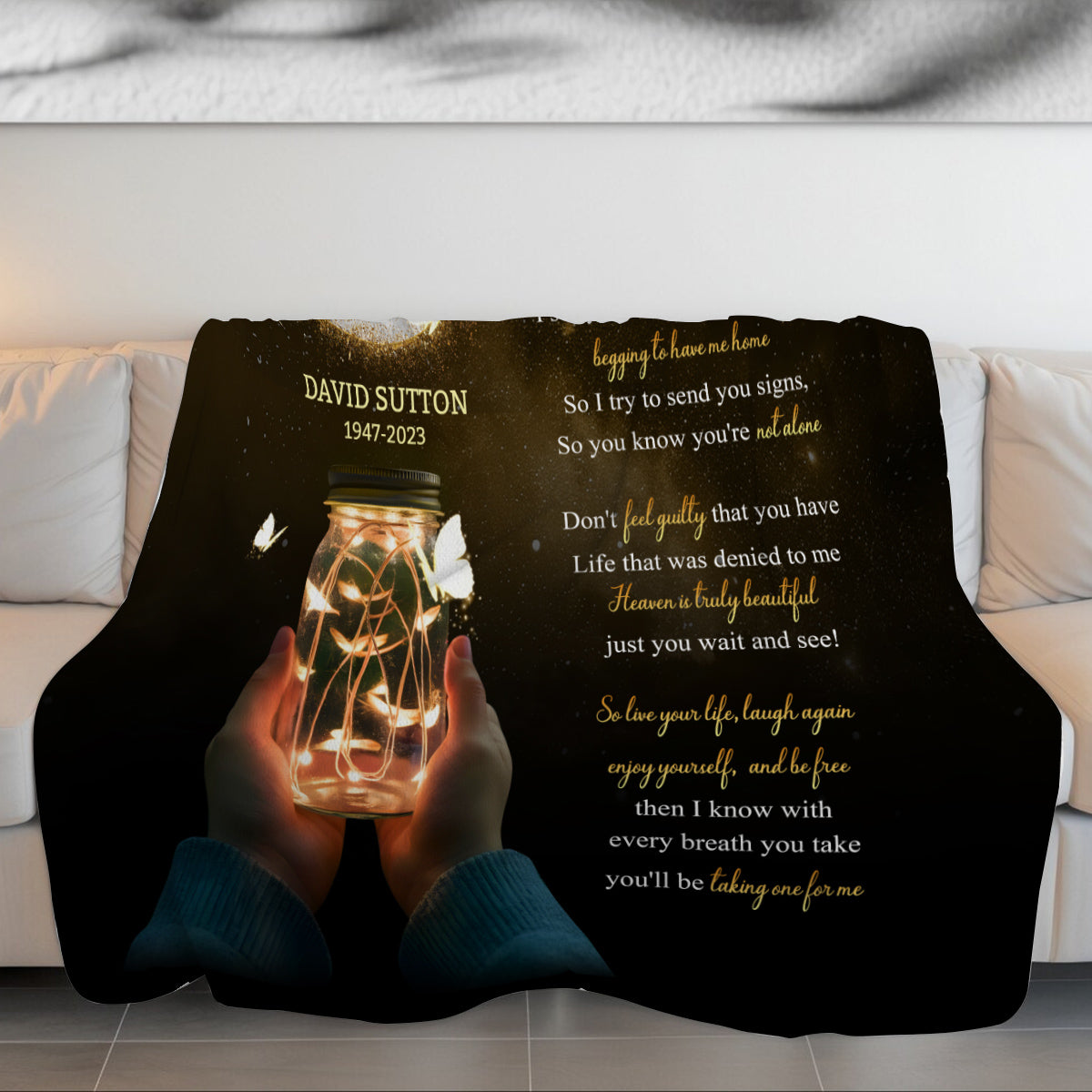 Sympathy Gifts, Personalized Memorial Blanket With Photo, Remembrance Blanket, Memorial Message From Above, Heaven Remembrance, Glowing Jar With Butterflies, Portrait Tribute Style