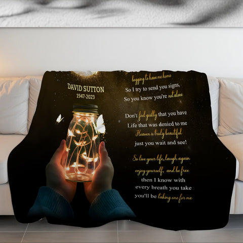 Sympathy Gifts, Personalized Memorial Blanket With Photo, Remembrance Blanket, Memorial Message From Above, Heaven Remembrance, Glowing Jar With Butterflies, Portrait Tribute Style