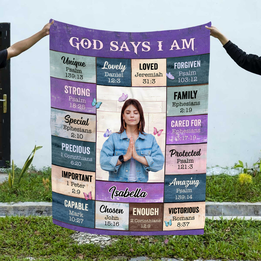 Personalized Blanket For Girl Women Family Friends Religious Gifts God Says I Am Inspirational Positive Thinking Daily Affirmation Mental Health Fleece Sherpa Blanket For Birthday