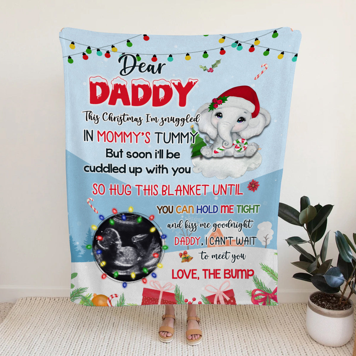 New Dad Gifts, Dear Daddy This Christmas I'm Snuggled In Mommy's Tummy Elephant Baby Ultrasound Photo , Personalized Blanket With Photo, Gifts For New Daddy, Fleece Sherpa Blanket