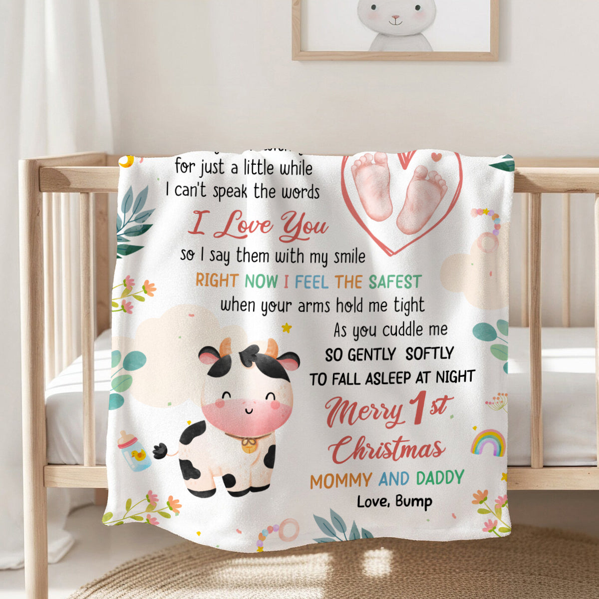Merry 1st Christmas Mommy Daddy I've Only Been With You A While Footprint Baby Cow, Personalized Blanket, Gifts For New Parents, Fleece Sherpa Blanket, New Parents For Xmas Christmas
