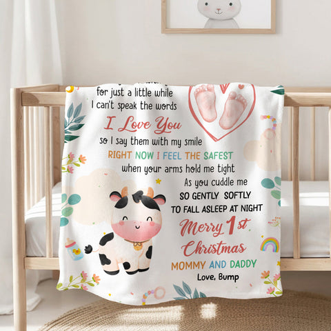 Merry 1st Christmas Mommy Daddy I've Only Been With You A While Footprint Baby Cow, Personalized Blanket, Gifts For New Parents, Fleece Sherpa Blanket, New Parents For Xmas Christmas
