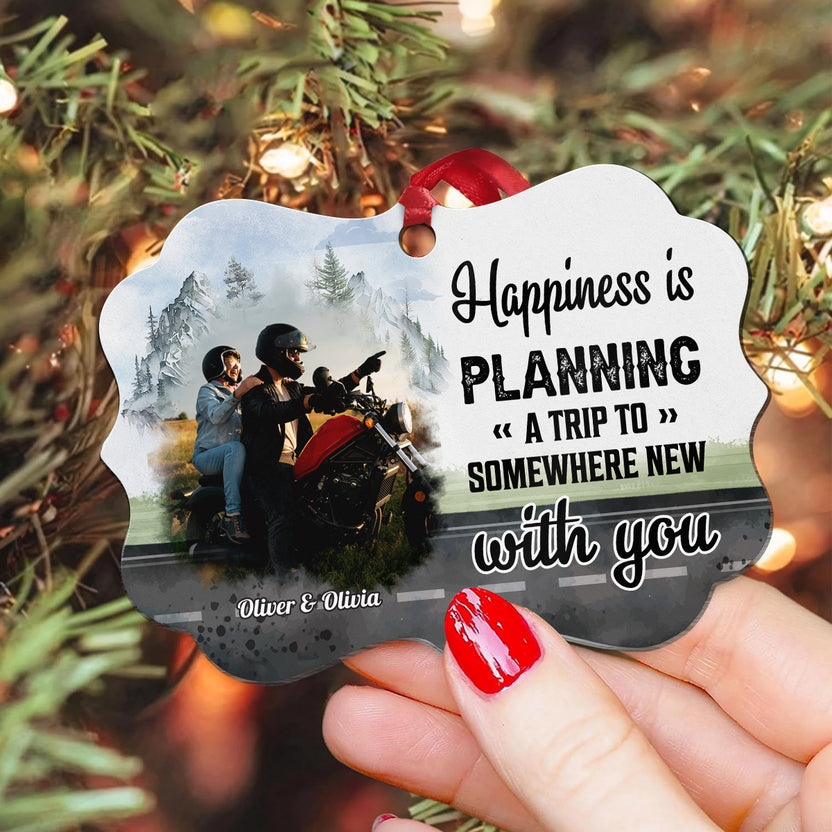 Gifts For Couple, Happiness Is Planning A Trip To Somewhere New With You Ornament, Motorcycle Couple Decor, Travel Love Quote, Personalized Names Gifts For Him Her Valentine