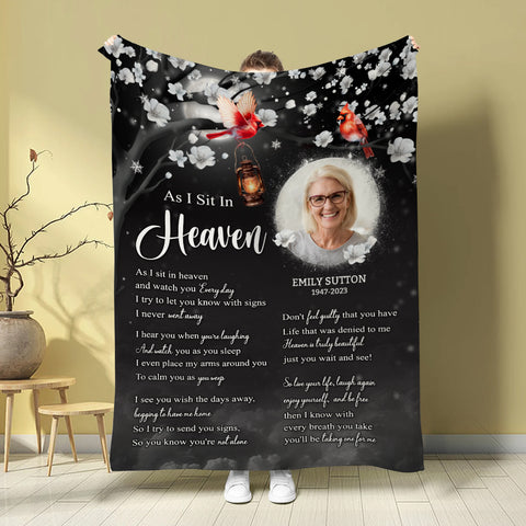 Sympathy Gifts, Memorial Blanket With Photo, In Memory Blanket, Heaven Watching Over Message, Portrait Photo Area, Lantern And Red Birds Artwork, Comfort Verse About Heaven, Loss Of Mom
