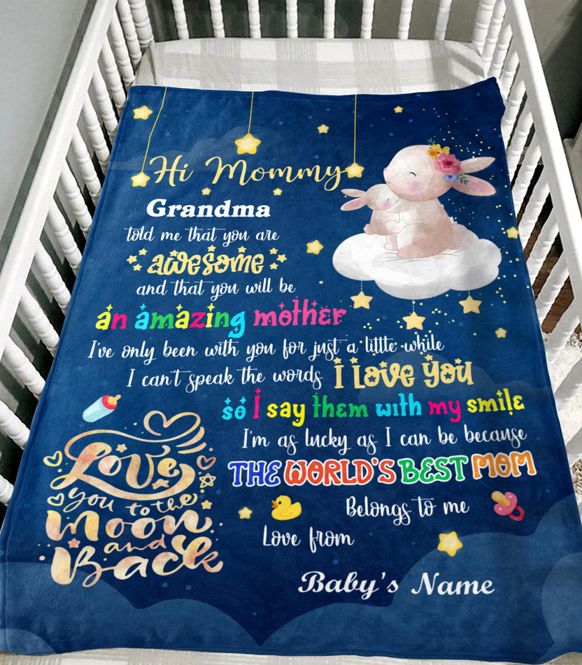 Personalized Blanket For 1St Time Mother From Baby Hi Mommy Grandma Told Me That Rabbit 1St Mother's Day Cute Sleeping Custom Name New Mom Gifts Ideas Fleece Sherpa Blanket For Birthday