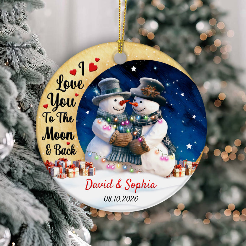 Custom Christmas Ornament, Snowy Winter Hugging, Love You To The Moon & Back Cute Couple Crescents Moon, Couple In Top Hats Snowy, Personalized Christmas Ornament For Wife Husband