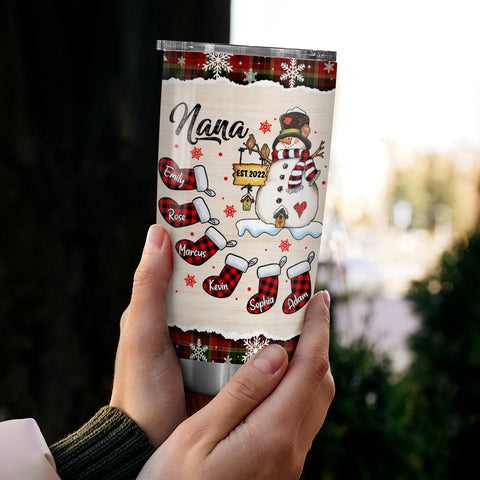 Grandma Gifts, Nana Established Name Tumbler, Personalized Christmas Family Cup, Plaid Stockings Drinkware, Christmas Tumbler, Checkered Stockings Family Names, Personalized Tumbler, Gifts For Nana From Grandkids, 20oz With Lid Travel Cup, Gifts For Mothe