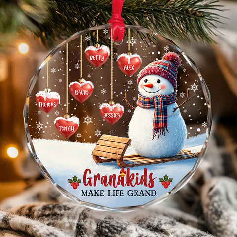 Grandma Gifts, Grandkids Make Life Grand Hearts With Names Snowflakes Grandma Grandpa Grandkids Circle Glass Ornament, Personalized Christmas Ornament, Gifts For Nana From Grandchildren
