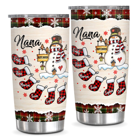 Grandma Gifts, Nana Established Name Tumbler, Personalized Christmas Family Cup, Plaid Stockings Drinkware, Christmas Tumbler, Checkered Stockings Family Names, Personalized Tumbler, Gifts For Nana From Grandkids, 20oz With Lid Travel Cup, Gifts For Mothe