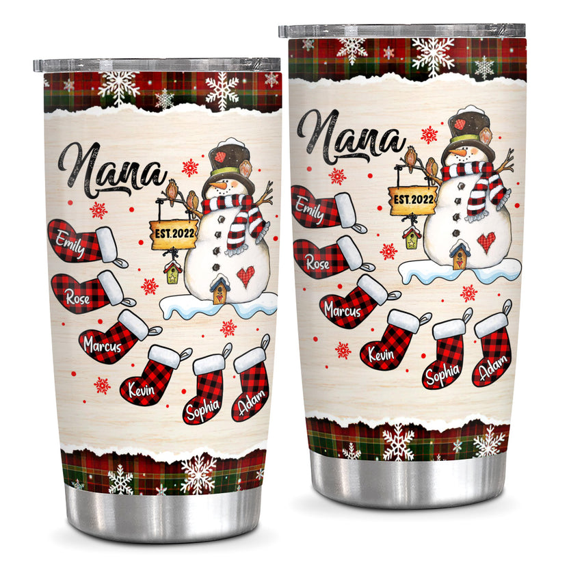 Grandma Gifts, Nana Established Name Tumbler, Personalized Christmas Family Cup, Plaid Stockings Drinkware, Christmas Tumbler, Checkered Stockings Family Names, Personalized Tumbler, Gifts For Nana From Grandkids, 20oz With Lid Travel Cup, Gifts For Mothe