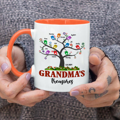 Personalized Coffee Mug For Grandma From Grandchild Grandma's Treasures Tree With Cute Birds Custom Grandkids Name 11 15Oz Ceramic Accent Cup Gifts For Grandma For Birthday Christmas