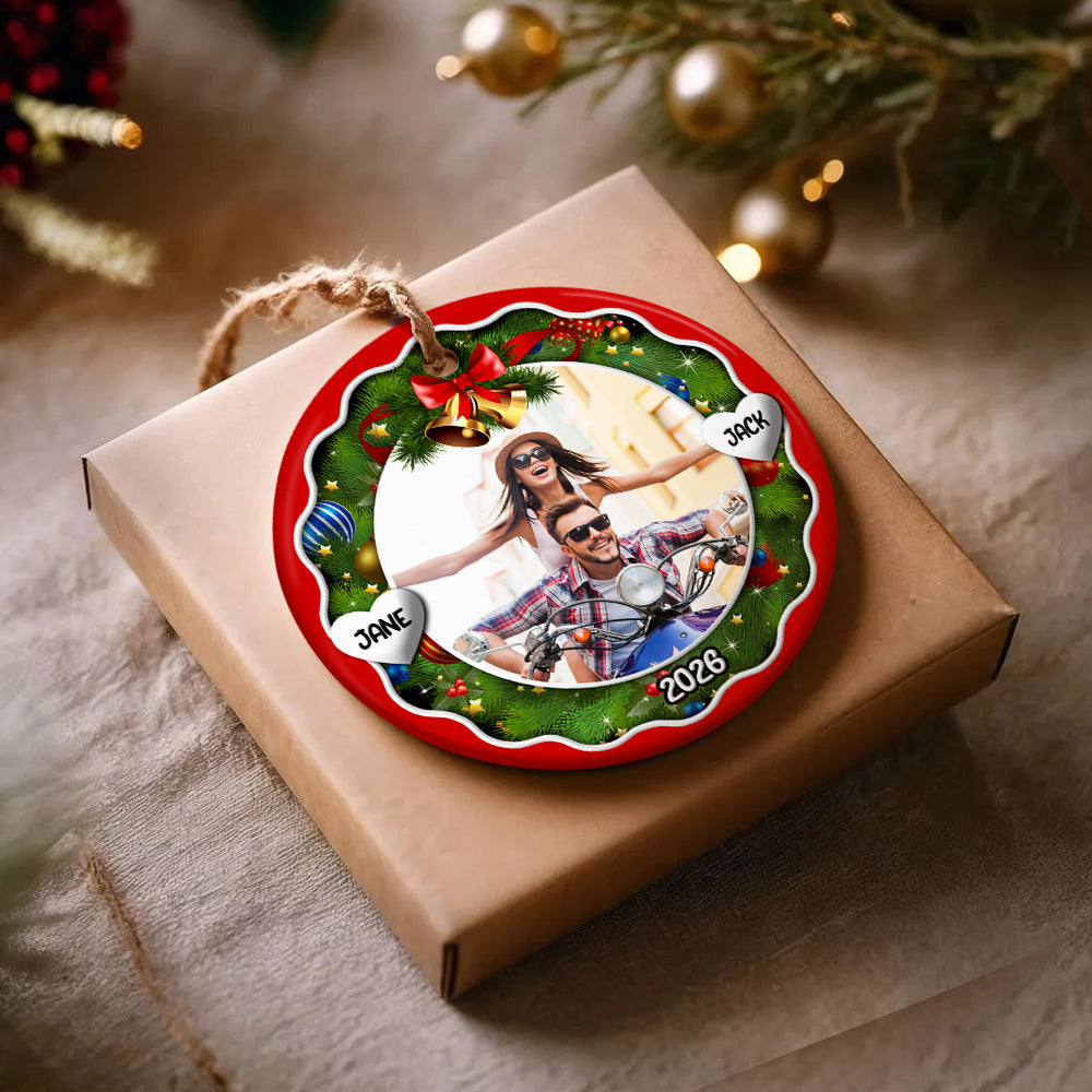 Xmas Frame Custom Photo Couple Cute With Name & Year, Partner Milestone Keepsake, Custom Photo Holiday Tree Hanging, Motorcycle Couple Christmas Decor, Personalized Christmas Idea Gifts