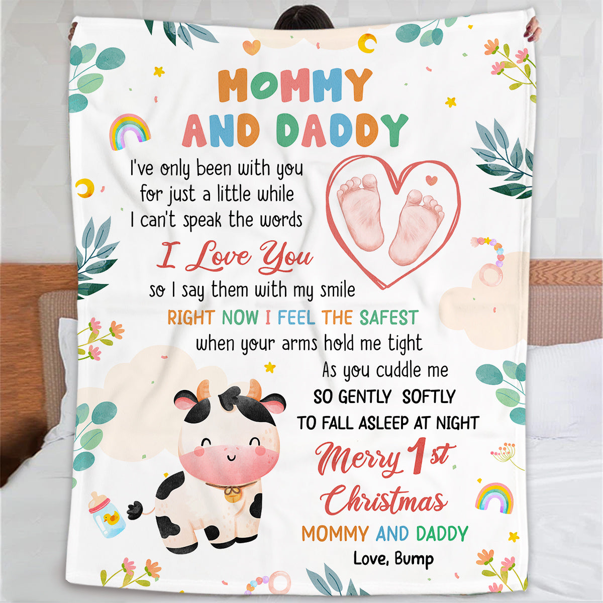Merry 1st Christmas Mommy Daddy I've Only Been With You A While Footprint Baby Cow, Personalized Blanket, Gifts For New Parents, Fleece Sherpa Blanket, New Parents For Xmas Christmas