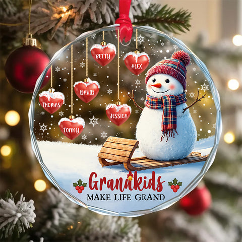 Grandma Gifts, Grandkids Make Life Grand Hearts With Names Snowflakes Grandma Grandpa Grandkids Circle Glass Ornament, Personalized Christmas Ornament, Gifts For Nana From Grandchildren