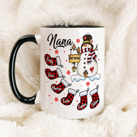 Grandma Gifts, Custom Nana Est Year Mug, Buffalo Plaid Christmas Stocking Cup, Personalized Grandchild Name Drinkware, Holiday Family Drinkware, Festive Drinkware, Personalized Coffee Mug, Gifts For Nana From Grandkids, Novelty Ceramic Cup 11 15oz, Gifts