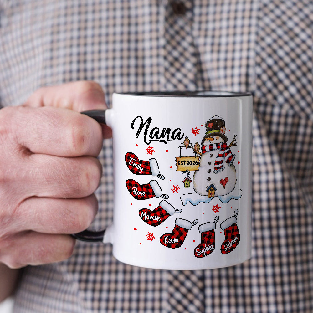 Grandma Gifts, Custom Nana Est Year Mug, Buffalo Plaid Christmas Stocking Cup, Personalized Grandchild Name Drinkware, Holiday Family Drinkware, Festive Drinkware, Personalized Coffee Mug, Gifts For Nana From Grandkids, Novelty Ceramic Cup 11 15oz, Gifts