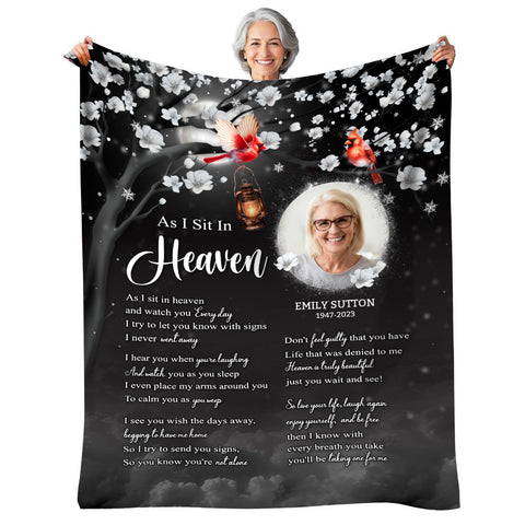 Sympathy Gifts, Memorial Blanket With Photo, In Memory Blanket, Heaven Watching Over Message, Portrait Photo Area, Lantern And Red Birds Artwork, Comfort Verse About Heaven, Loss Of Mom