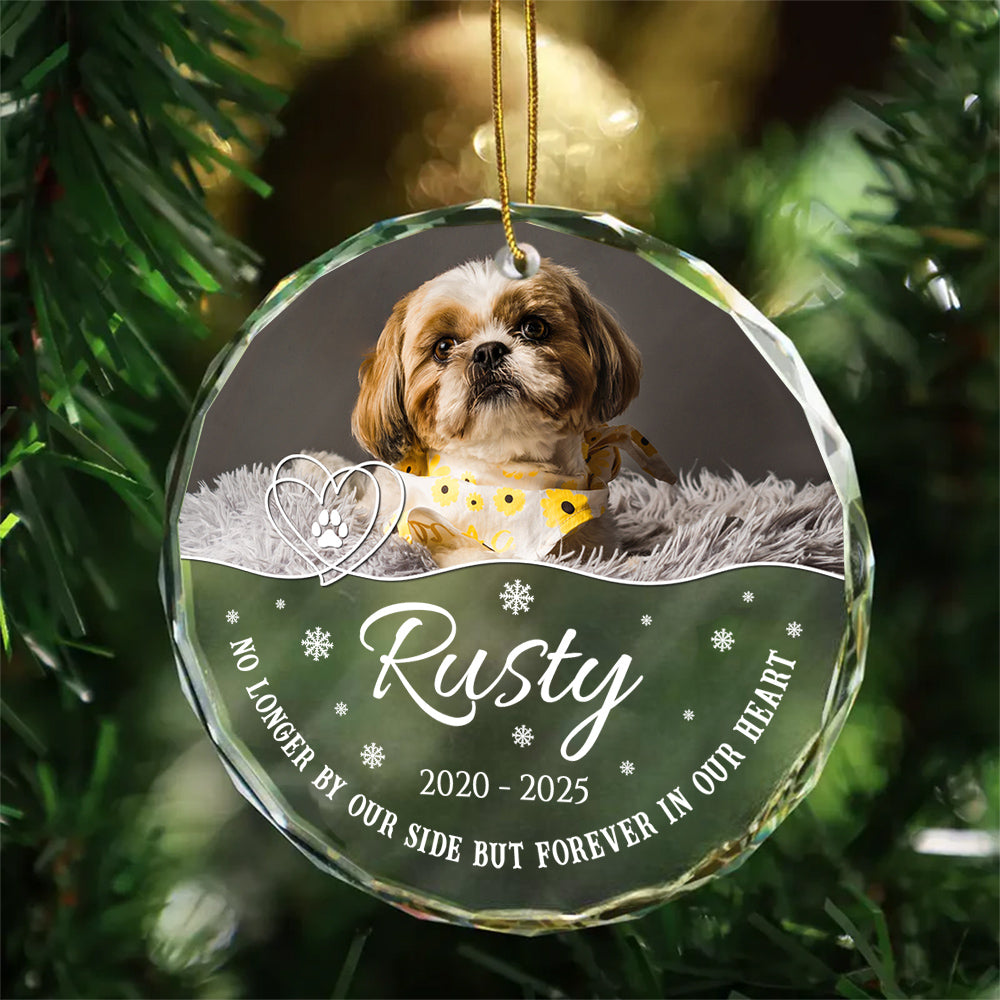 No Longer By Our Side But Forever In Our Heart Glass Circle Ornament, Personalized Pet Memorial Ornament With Photo, Gifts For Loss Of Dog, Tree Decor Christmas Keepsake, Pet Loss Gifts