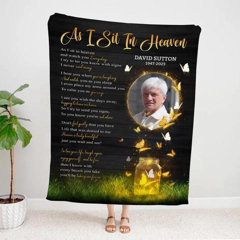 Sympathy Gifts, Memorial Blanket With Photo, Heaven Remembrance, Glowing Butterflies Artwork, Portrait Photo Center, Personalized Name, Comfort Message From Heaven, Loss Of Mom Dad