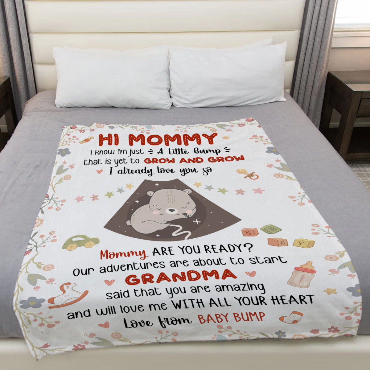 Mom To Be Gifts, I Already Love You Floral Cute Baby Bear Sleeping Ultrasound Mommy's Tummy Blanket For New Mom Mother's Day