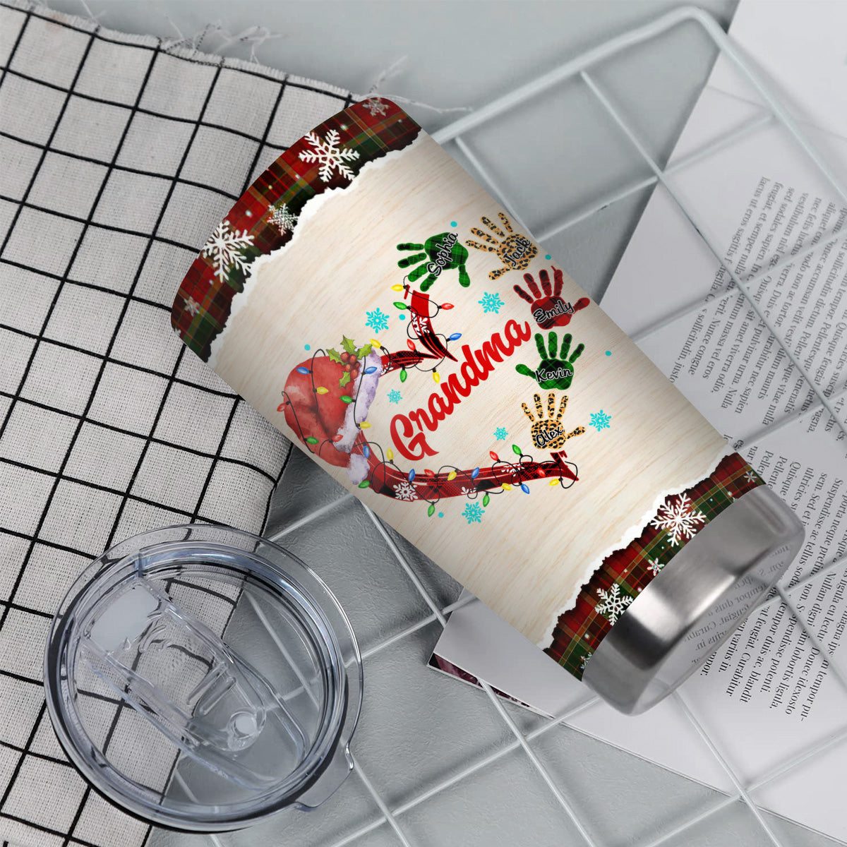 Grandma Christmas Tumbler, Personalised Grandchildren Names Travel Cup, Festive Winter Drinkware, Christmas Handprint Grandkid Name Travel Cup, Personalized Tumbler, Gifts For Nana Mama