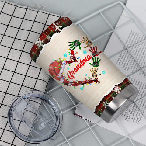Grandma Christmas Tumbler, Personalised Grandchildren Names Travel Cup, Festive Winter Drinkware, Christmas Handprint Grandkid Name Travel Cup, Personalized Tumbler, Gifts For Nana Mama