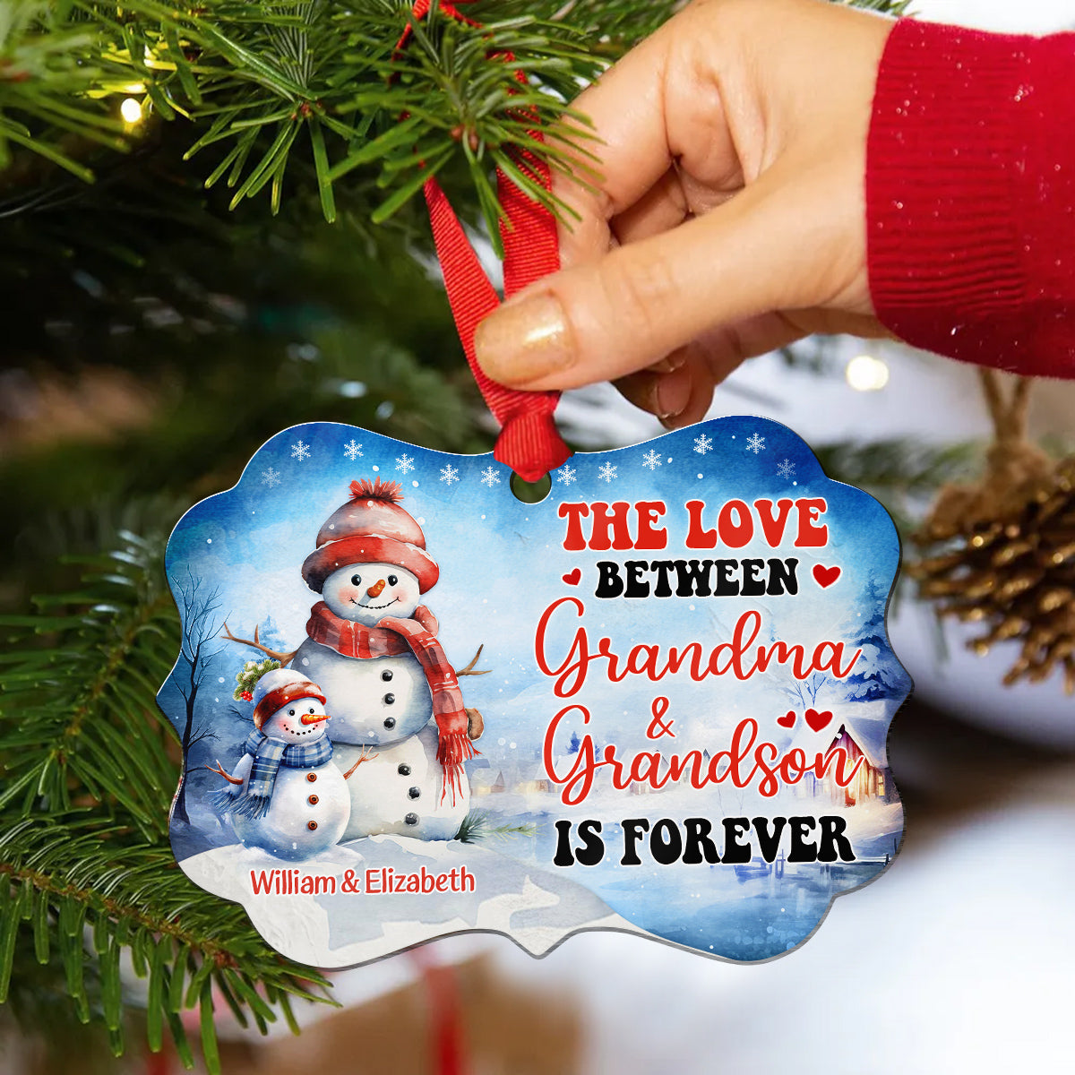 Grandma Gifts, Cute Xmas Winter The Love Between Grandma & Grandson Is Forever, Personalized Ornament, Gifts For Gigi From Grandkids, Xmas Tree Hanging Medallion Aluminum Ornament