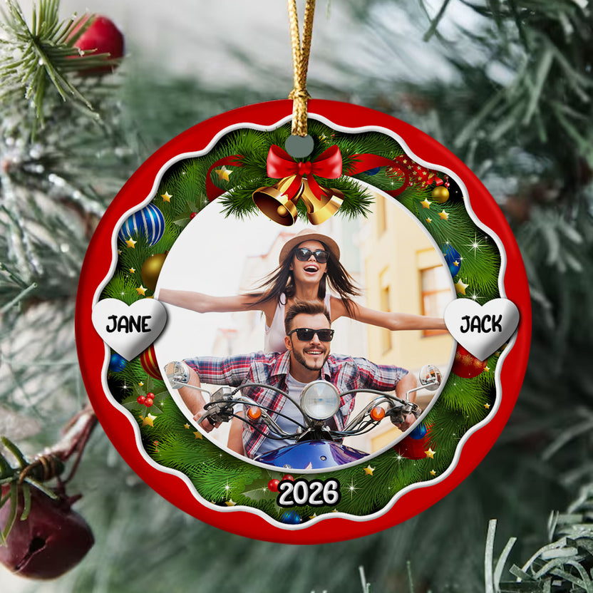 Xmas Frame Custom Photo Couple Cute With Name & Year, Partner Milestone Keepsake, Custom Photo Holiday Tree Hanging, Motorcycle Couple Christmas Decor, Personalized Christmas Idea Gifts