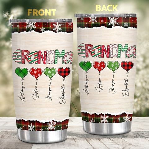 Grandma Christmas Heart Balloons Tumbler, Custom Grandkids Name Travel Cup, Festive Plaid Drinkware, Personalised Grandma Xmas Personalized Tumbler, Gifts For Nana Grandmother