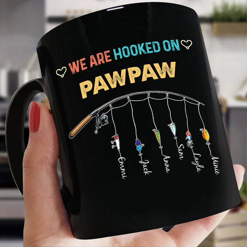 Personalized Coffee Mug For Papa Grandpa From Family Grandkids We Are Hooked On Pawpaw Fishing Grandchild Custom Name Fisherman Gifts Black Ceramic 11 15Oz Cup For Birthday Father's Day