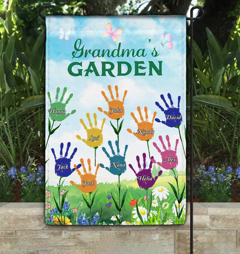 Personalized Garden Flag For Grandmother From Grandkids Grandma Gifts Nana's Garden Flower Handprints Grandkids Custom Name Double Sided Outside Welcome Flag For Mother's Day Birthday
