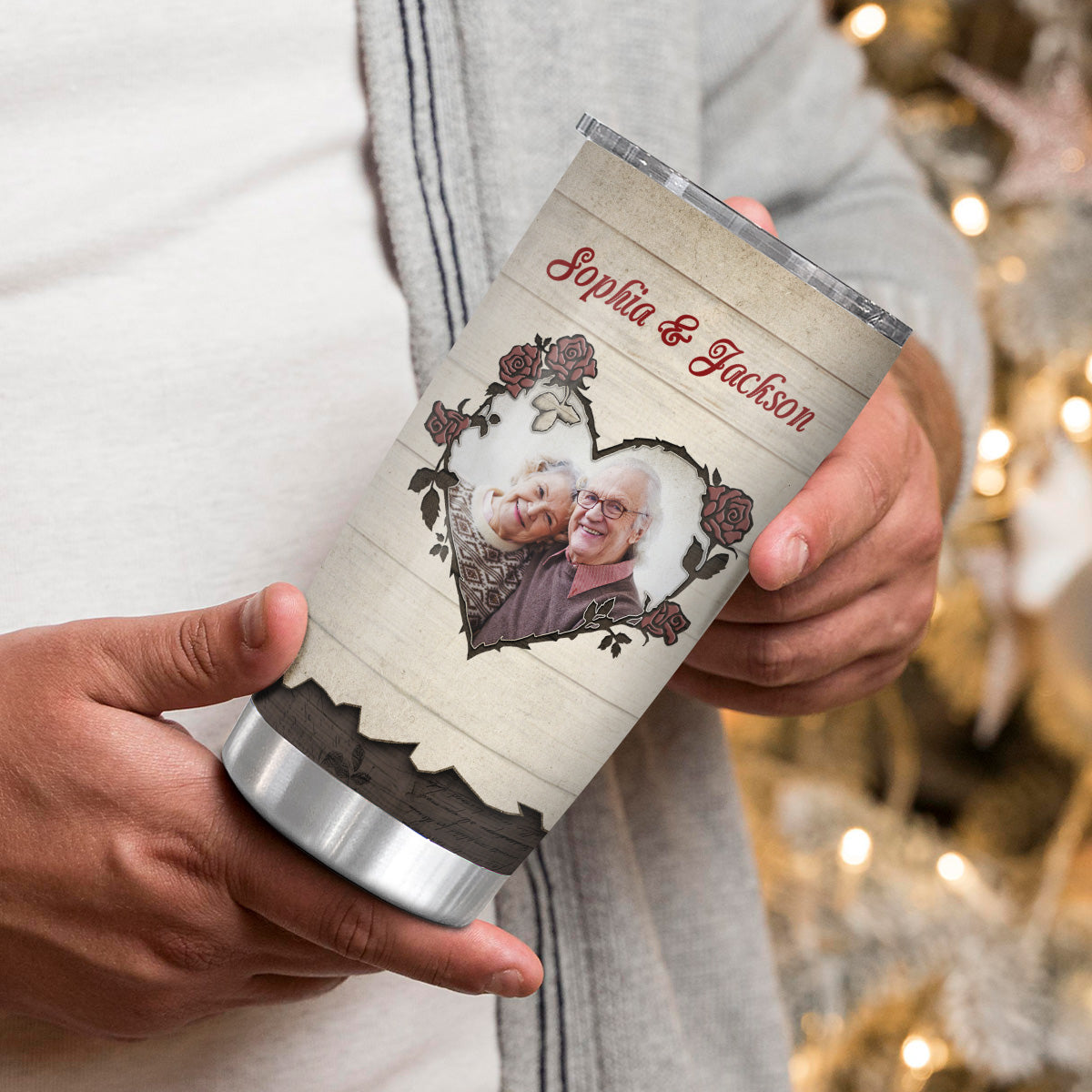 His And Hers Gifts, I'd Choose You Romantic Couple Flowers Heart Frame Wooden, Personalized Photo Tumbler, Gifts For Him Her From Darling, 20oz With Lid Travel Cup For Valentine