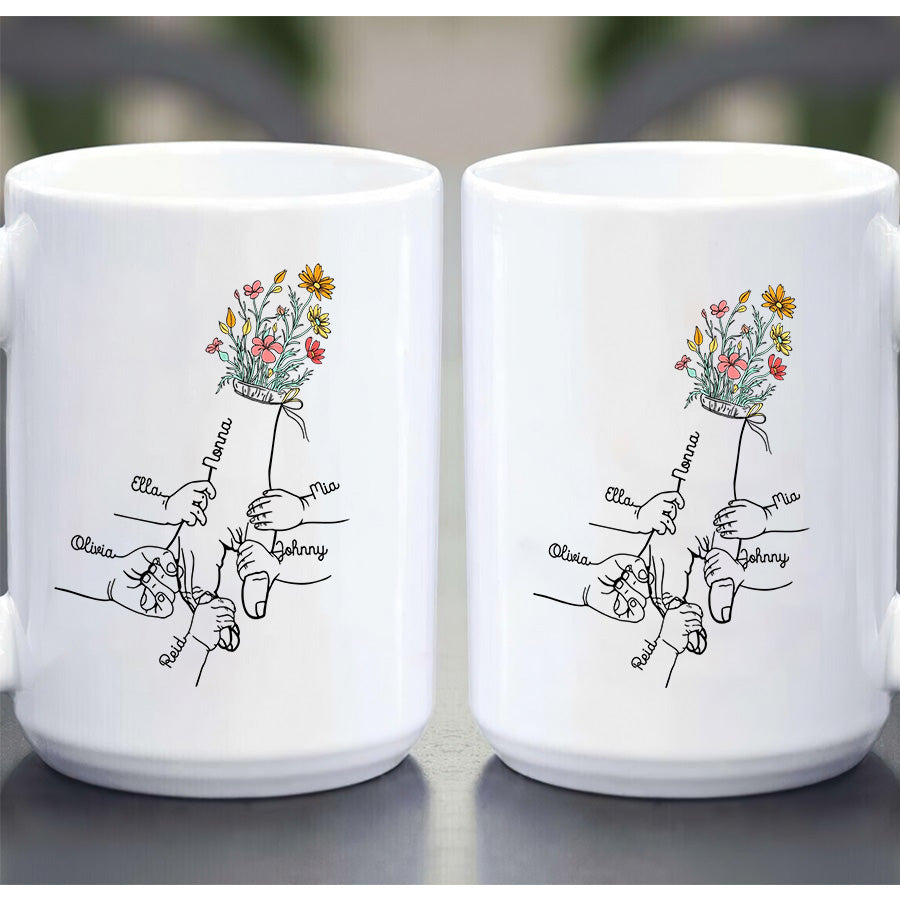 Grandma Gifts, Holding Mom's Hand Floral Mug Little Hands Kids Grandkids Holding Mom Nana Hand, Personalized Coffee Mug, Gifts For Nana From Grandson, 11 15oz, Gifts For Mother's Day