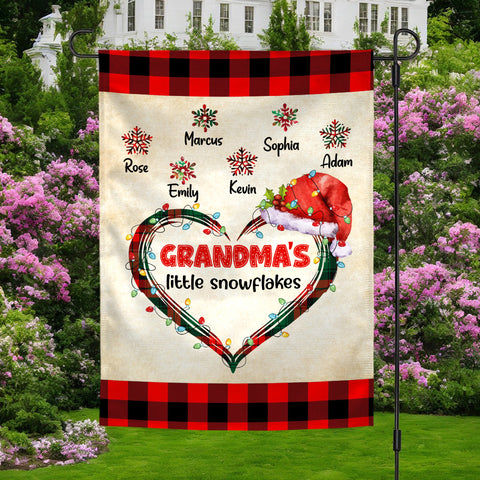 Custom Grandmas Little Snowflakes Flag, Christmas Plaid Heart Santa Hat Names Yard Sign, Holiday Season Lawn Decor, Custom Grandchildren Name Banner,  Gifts For Nana From Grandkids