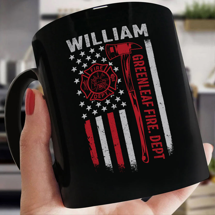 Personalized Coffee Mug For Dad Men Team From Family Friend Funny Firefighter Gifts Firefighter Red Hammer Vintage Flag Custom Name Black Ceramic 11 15Oz Cup For Birthday Christmas