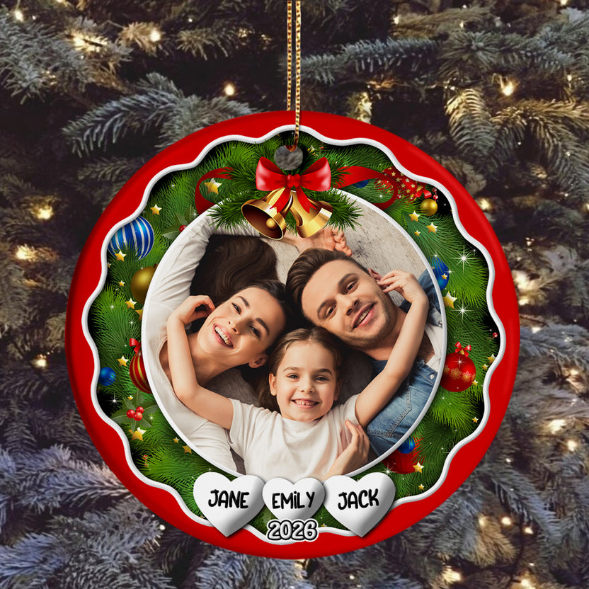 Family Of Three Xmas Frame Custom Photo Cute With Name & Year, Family Christmas Photo Ornament, Holiday Decor, Custom Tree Decoration, Hanging Decor, Gifts For Mom Dad