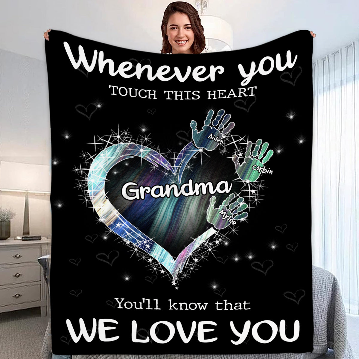 Gifts For Grandma, Whenever You Touch This Heart Handprints, Personalized Blanket, Gifts For Grandma From Grandson, Custom Fleece Sherpa Blanket, Gifts For Christmas Xmas