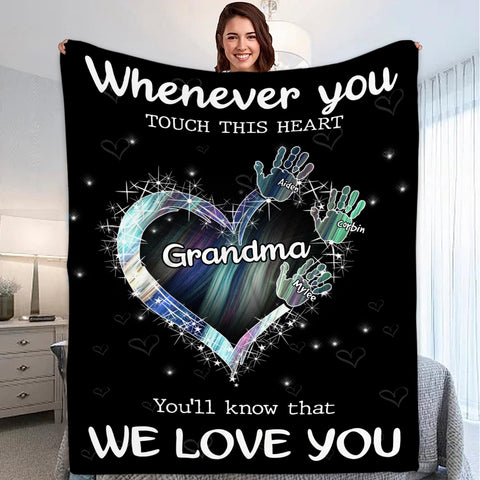 Gifts For Grandma, Whenever You Touch This Heart Handprints, Personalized Blanket, Gifts For Grandma From Grandson, Custom Fleece Sherpa Blanket, Gifts For Christmas Xmas