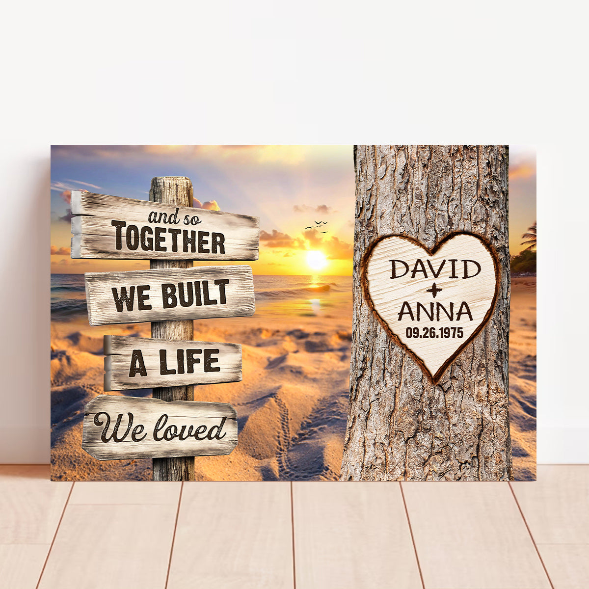 And So Together We Built A Life We Loved Rustic Wood Sign With Tree Heart & Sunset Beach Canvas Poster Gifts For Couple